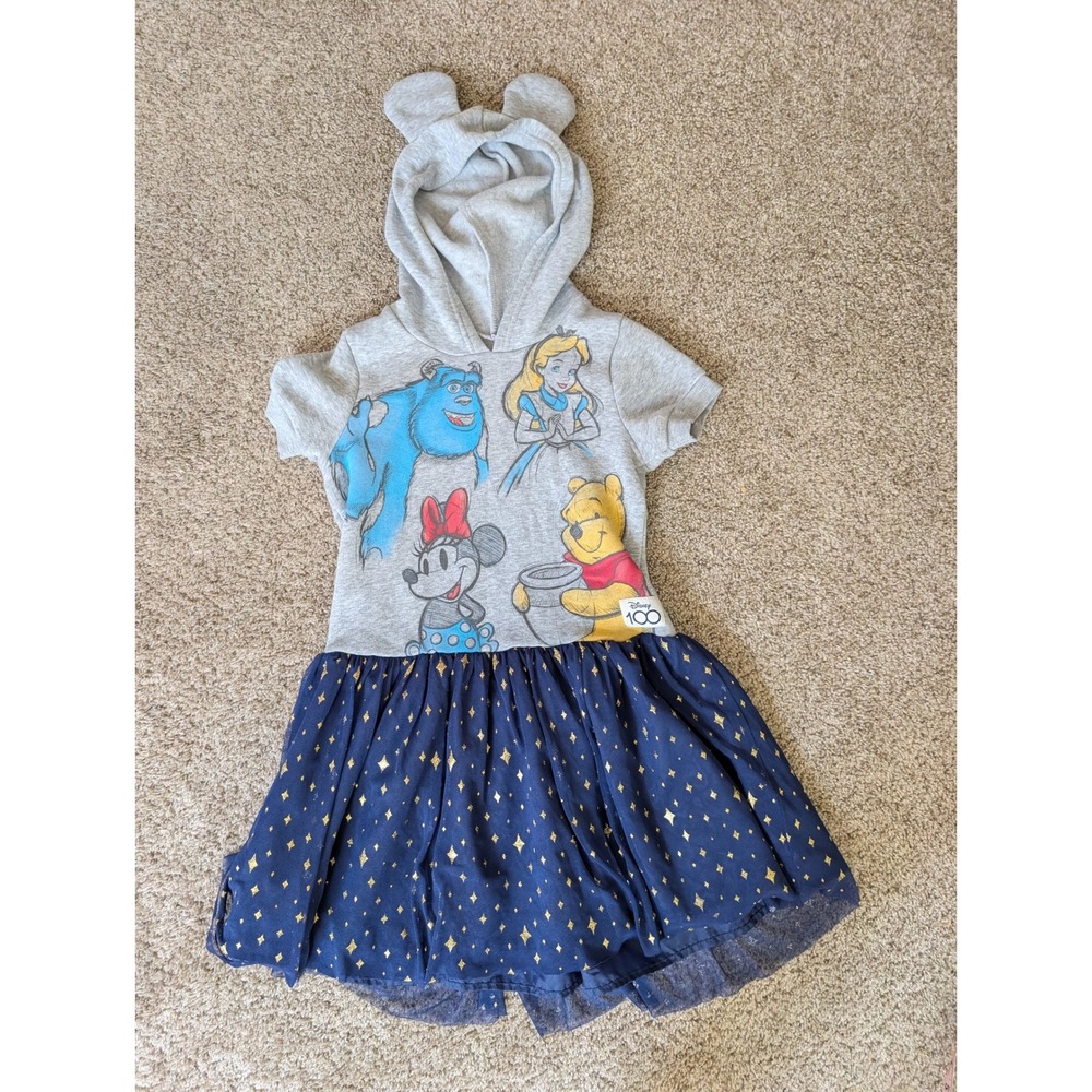 Disney 100th Anniversary Girls Hooded Dress Minnie Pooh Alice Sulley Size M 7/8